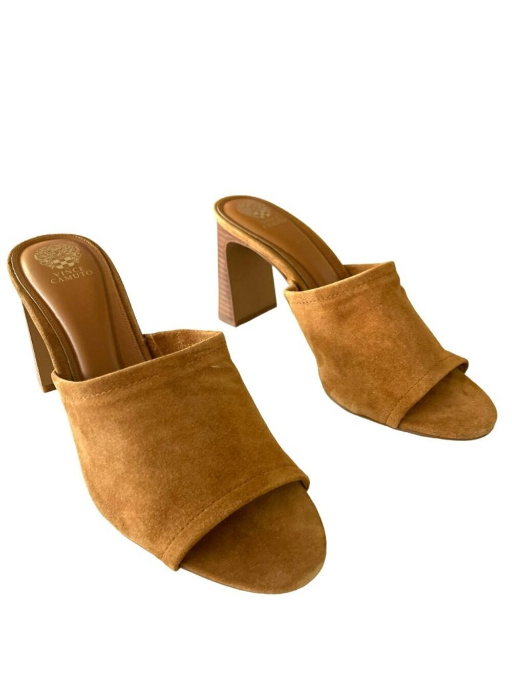New Vince Camuto Alyysa Tan Suede Open Toe Block Heel Mules Size 11